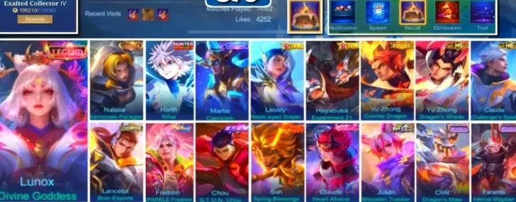 ML617 Legend Lunox Divine Goddess, Collector Natalia, Naruto Lukas, Kinsin Angela, Aspirant Chang’e and Layla, Prime Claude, 369 Skins (G)