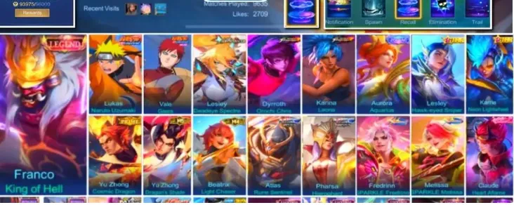 ML619 Legend Franco King of Hell, Naruto Collaboration, Prime Yu Zhong, Aspirant Lesley, KoF Dyrroth and Karina, 306 Skins (G)