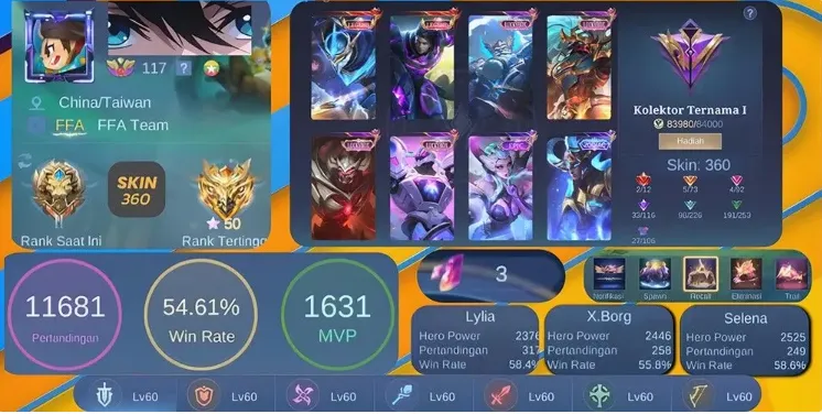 ML625 360 Skins, Zodiac Irithel and Lancelot, Libra Lunox, Many Summer and STUN Skins, High Match Count and Win Rate (G)