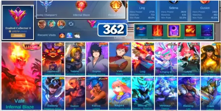 ML634 Valir Legend Infernal Blaze, Collector Natalia and Jawhead, Sasuke Collaboration, Neobeast Ling, Aspirant Chang’e and Layla, 362 Skins (G)