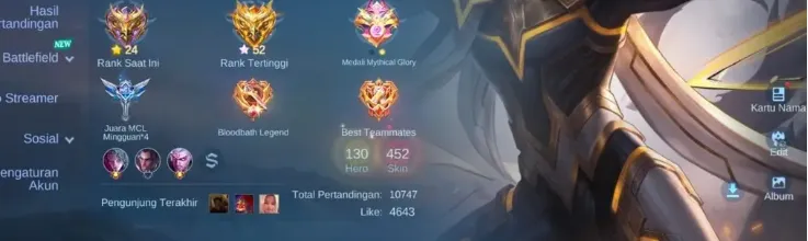 ML640 HERO MAX + BLUE TASTAS + LANCE HERO + LEGEND FREYA + HAYA 11.11 + YIN AOT + 2 COLLECTOR + 3 ASPIRANT + ALUCARD STARWARS + PAQUITO FMVP (G)