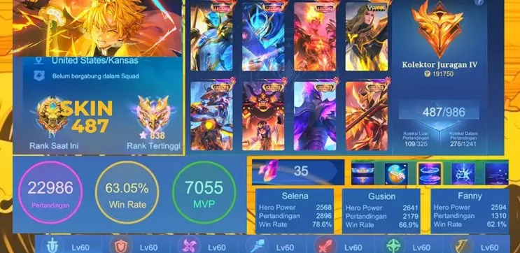 ML689 EX IMO 838 Very Good Win Rate 3 Legend Skins 487 Skins (G)