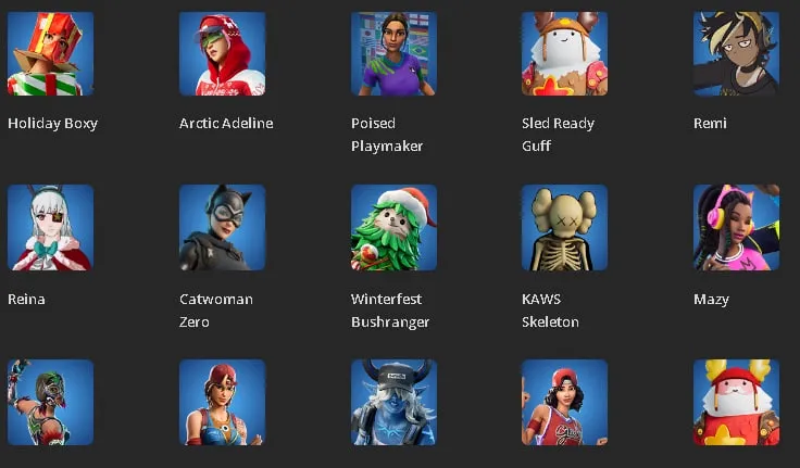 F1043 78 Skins, 70 Picks, Galaxy Grappler, Gojo, Utah, Midsummer Midas, Harley Quinn, Optimus Prime, Geralt, Doom Slayer 