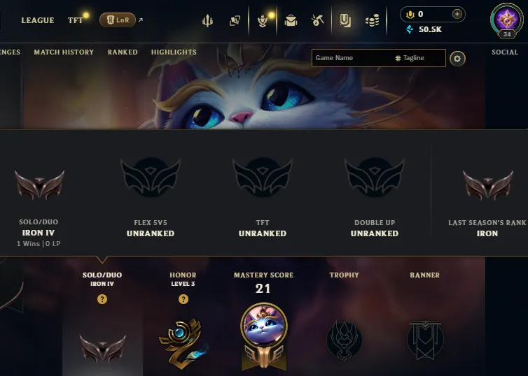 ❄️ EUW ❄️ Iron 4 S15 & Placed Iron 4 S16 ❄️ 1W–31L ❄️ 50.5K BE ❄️ REF#EUW-20