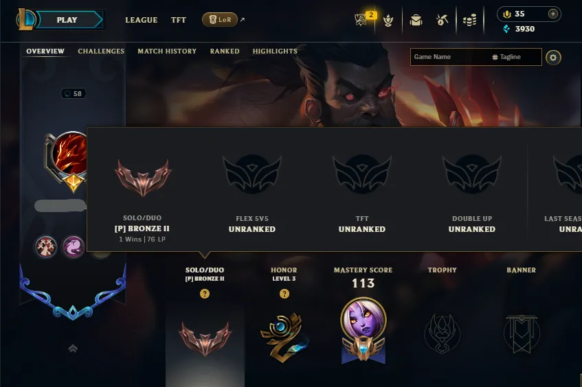 🔥LVL58 Bronze 2 76LP (1W/0L in Placements) Handleveled💎8Skins⭐Name Changeable✅Lifetime Ownership Guarantee - Never Taken Back✔️Recovery information included