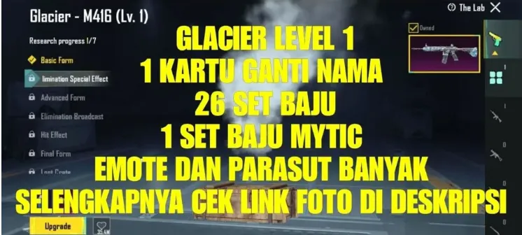 PGM496 Glacier M416 Level 1, 26 Outfit Sets, 1 Mythic Set, Name Change Card, Many Emotes & Parachutes (G)