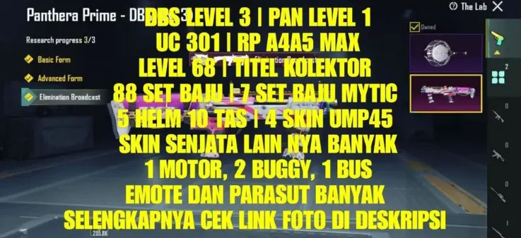 PGM509 DBS Level 3, Panthera Prime, 88 Outfits (7 Mythic), Faerie Luster Pan, UC 3011, RP Max, Vehicle & UMP45 Skins (G)