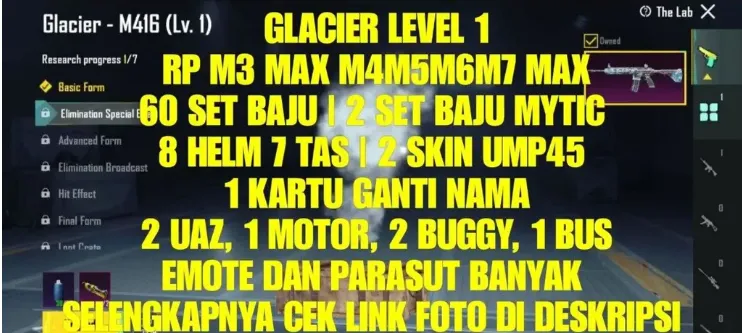 PGM515 Glacier M416 Level 1, RP M3-M7 Max, 2 Mythic Outfits, 60 Outfits, 2 UAZ, Motorbike, Buggy & Bus Skins (G)