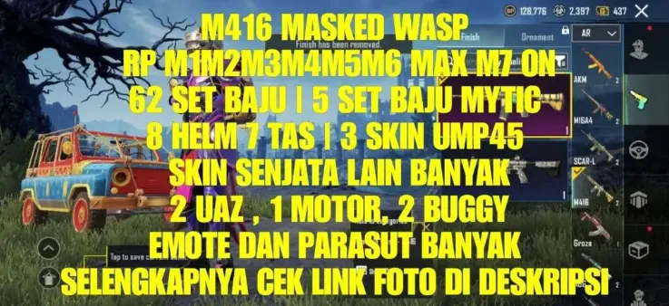 PGM517 M416 Masked Wasp, RP M1-M7 Max, 5 Mythic Outfits, 62 Outfits, Multiple UAZ, Motorbike, Buggy, Parachutes, Emotes (G)