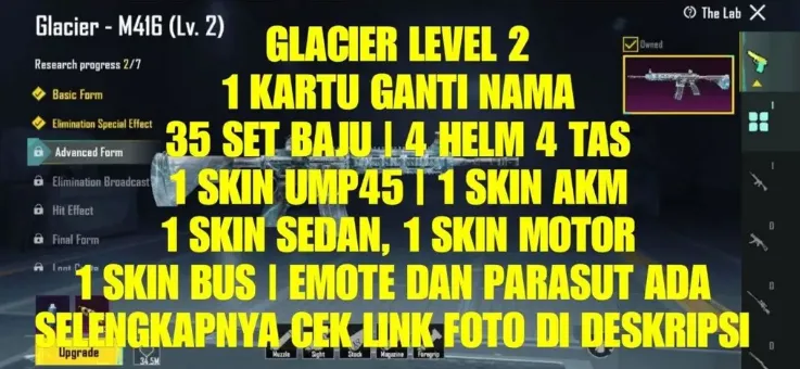 PGM521 Glacier M416 Level 2, 35 Outfits, Rename Card, AKM & UMP45 Skins, Sedan, Motorbike, Bus, Multiple Helmets & Bags (G)
