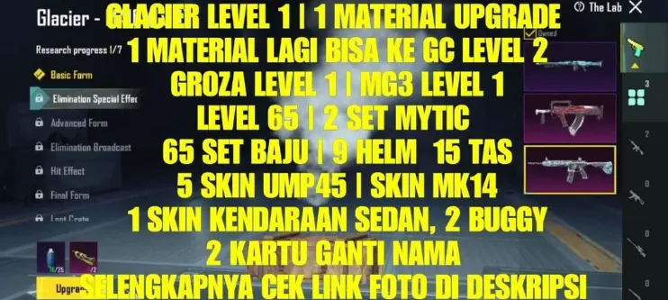 PGM522 Glacier M416 Level 1+Material, Groza & MG3 Lv1, 2 Mythic Sets, 65 Outfits, MK14, 5 UMP45 Skins, Sedan & Buggy, Rename Cards (G)