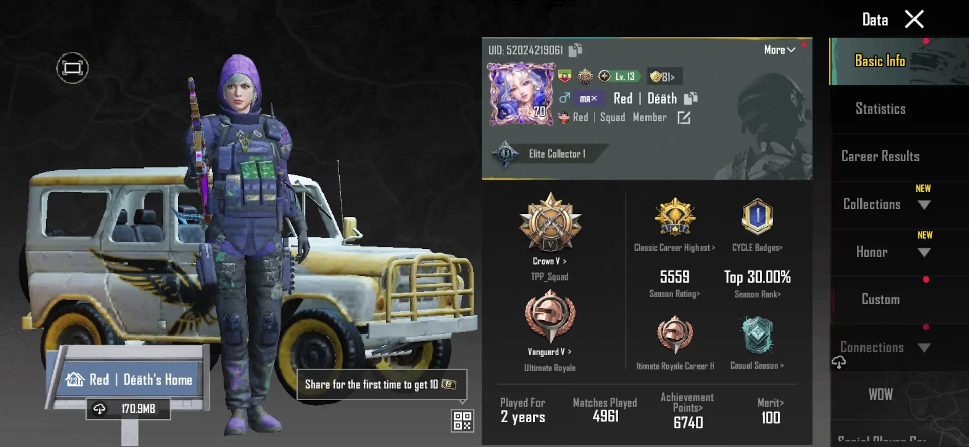 PGM527 Max Badge Crown V | 2-Year Account | Golden Falcon Car Skin & Top Cosmetics