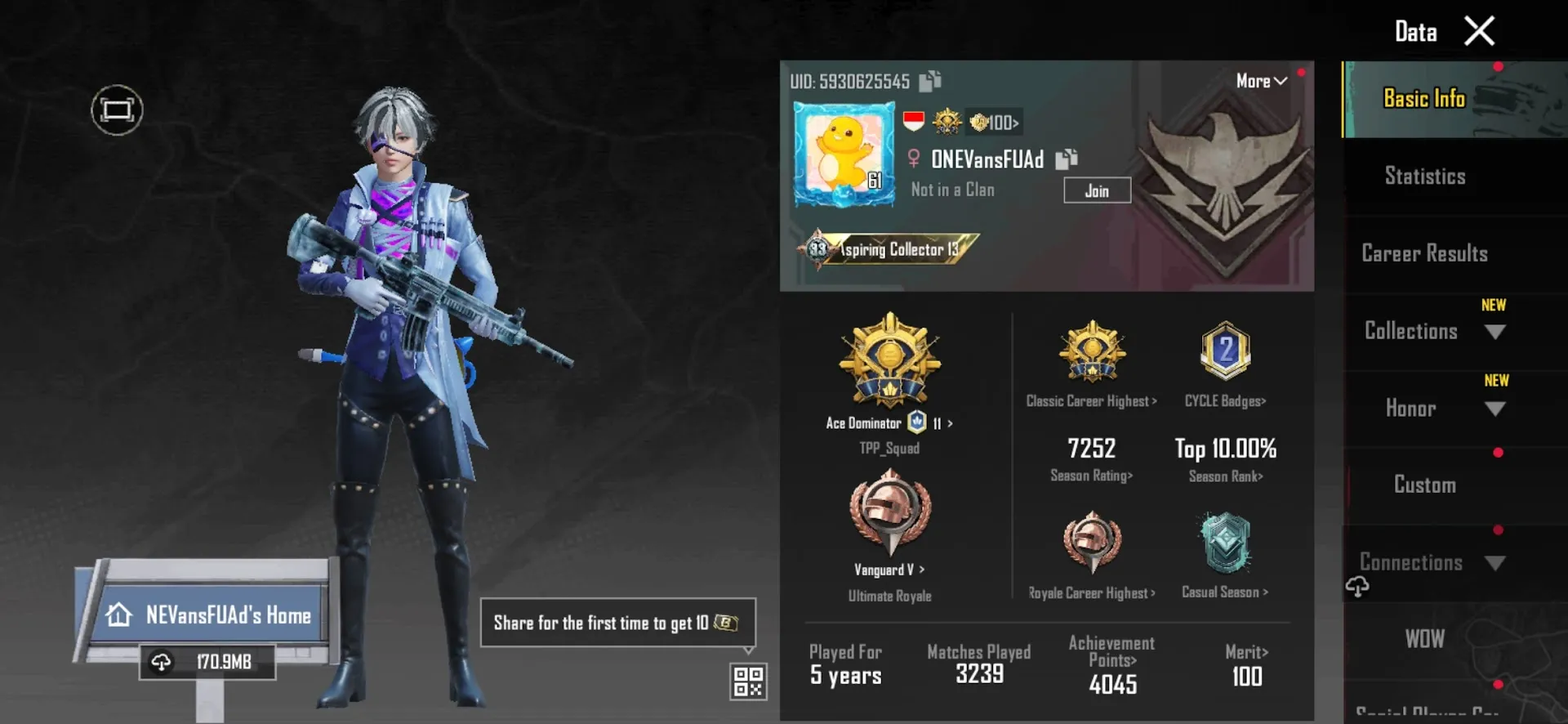 PGM541 Seadream Melody SLR, Glacier M416 Lv2, Chow Blaster SCAR-L Lv3, Candied Haunter MP7 Lv2, Multiple Mythic Outfits & Vehicles 