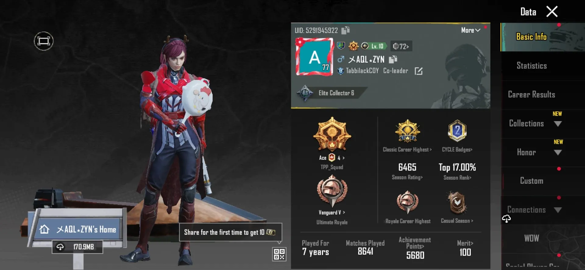 PGM548 Glacier Lv3, M762 8-bit Unicorn Lv3, AKM Hellfire (Kill Effect), Collector Title, Ace, Libra Masked Desert Skins, 6 Mythic Sets 