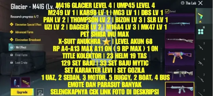 PGM562 Glacier M416 Lvl 4, UMP45 Lvl 4, Anukhra X-Suit, Levi/Gozilla, 33 Mythic Sets, 129 Outfits (G)
