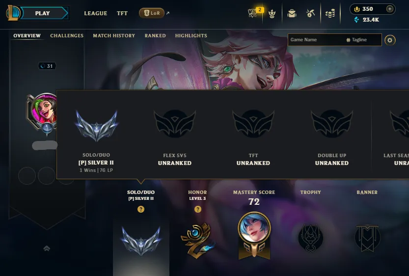 🔥Silver 2 76LP 1W/0L Handleveled💎23K BE + 350RP⭐Name Changeable✅Lifetime Ownership Guarantee - Never Taken Back✔️Recovery Info Included