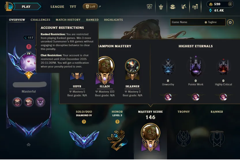 High MMR🔥LVL117 Diamond 4 Handleveled💎61K BE 520RP 8Skins⭐Name Changeable🔓Unverified Email✅Lifetime Ownership Guarantee - Never Taken Back