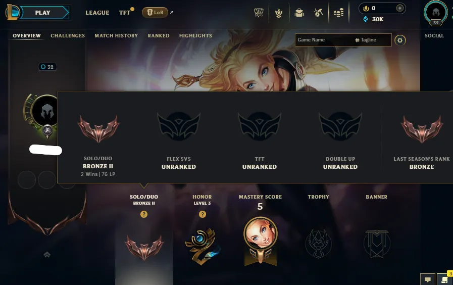 Silver 2 MMR🔥Bronze 2 76LP (2W/5L) Handleveled💎30K BE⭐Name Changeable🔓Unverified Email - Lifetime Ownership Guarantee