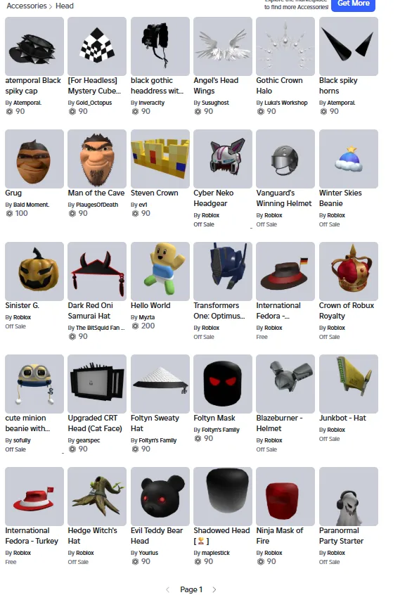 RBL2703 Headless Horseman | Angel's Head Wings | Gothic Crown Halo | Spiky Cap | 45 Robux | Premium Hats | Over 30 Cosmetics
