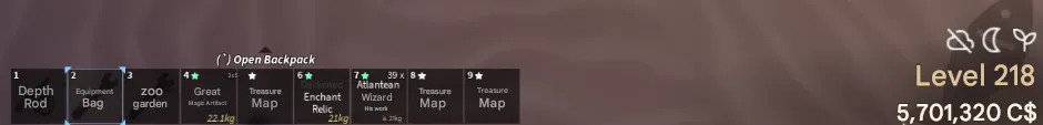 RBL2864 Fishing Game Level 218 5.7M C$ Sunken Rod Trident Rod Bait Bagel Lure Super Treasure Maps Enchant Relic Inventory (G)