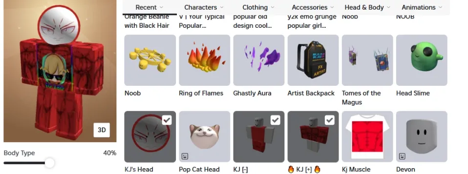 RBL2899 9.9K Total Robux No Email KJ Head KJ Muscle Ring of Flames Ghastly Aura Artist Backpack Tomes of the Magus Avatar (G)
