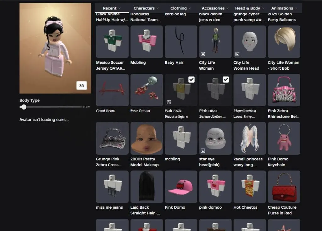 RBL2919 (EMAIL YOK) 10.1k+ Robux Totali Hesap Mexico Soccer Jersey QATAR Mcbling Baby Hair City Life Woman Pink Zebra Rhinestone Bag (G)