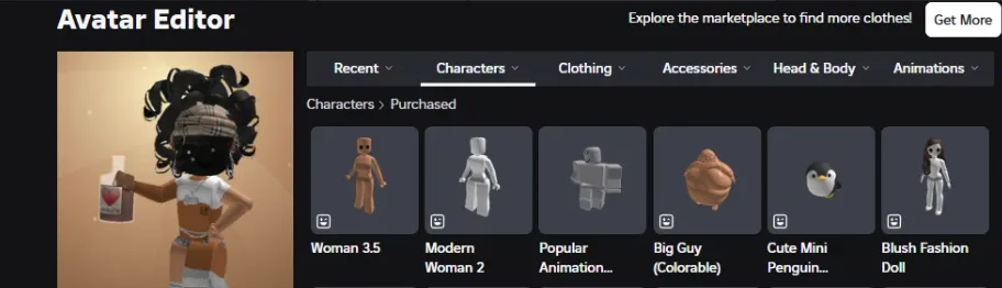 RBL2951 36.5K Robux Spend Total Account with Woman 3.5, Modern Woman 2, Popular Animation, Big Guy Colorable, Cute Mini Penguin, Blush Fashion Doll