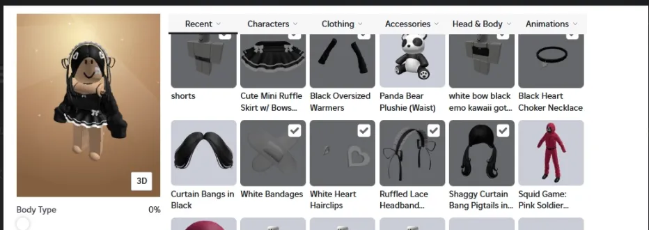 RBL2964 Cute Mini Ruffle Skirt, Curtain Bangs in Black, Panda Bear Plushie, Squid Game Pink Soldier