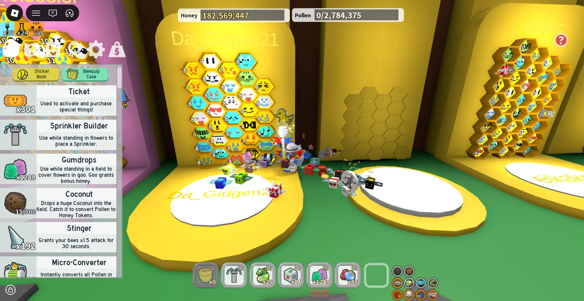 RBL3005 Bee Swarm Simulator Account 34 Bees Super Smoothie Magic Bean Sprinkler Builder Gumdrops Coconut Clogs Dragonfly Treat Stinger Micro Converter Field Dice Loaded Dice Jelly Beans Red Extract Blue Extract Glitter (G)