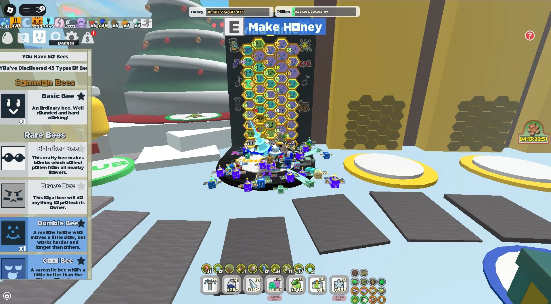 RBL3019 Bee Swarm Simulator 50 Bees 16 Trillion Honey Tide Popper Demon Mask Gummy Mask Coconut Canister Petal Belt Gummy Boots 18 Level Bees x2(G)