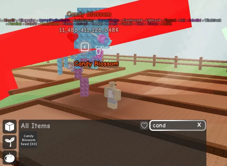 RBL3042 4 Candy Blossom Trees, 4 Candy Blossom Seeds, 11.4T Fruit Value, Mimic Octopus, Corrupted Kitsune, Spinosaur, Disco Bee, Butterfly, T-Rex, Moon Cat, Echo Frog, 7 Pet Slots (G)