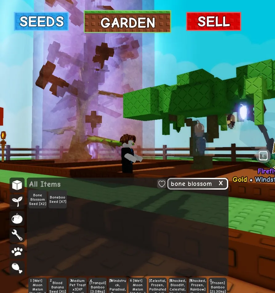 RBL3043 Fat Garden Account, 15 Moon Melon, Moon Mango, 2 Bone Blossom Seed, Manuka Flower, Many Rare Seeds, Eggs, Blood Kiwi, Red Giant Ant, Triceratops, Stegosaur, Honey Bee, Capybara Pets (G)