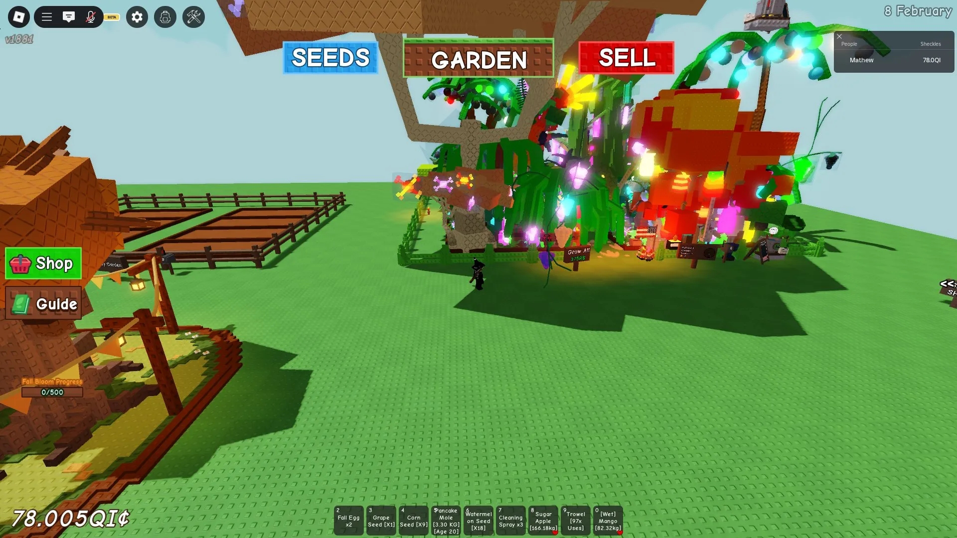RBL3045 Huge Garden Progress, 3 Bone Blossom Trees, Developed Colorful Garden Layout, Many Active Plants, Pets and Eggs, 78.005QI Sheckles Balance (G)