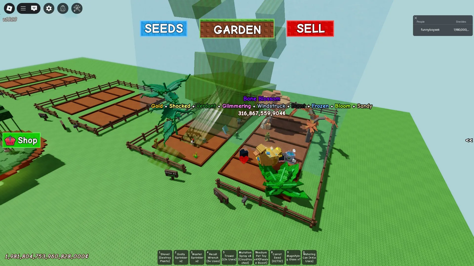 RBL3046 Huge Garden Progress, 3 Bone Blossom Trees, Developed Colorful Garden Layout, Many Active Plants, Pets and Eggs, 78.005QI Sheckles Balance (G)