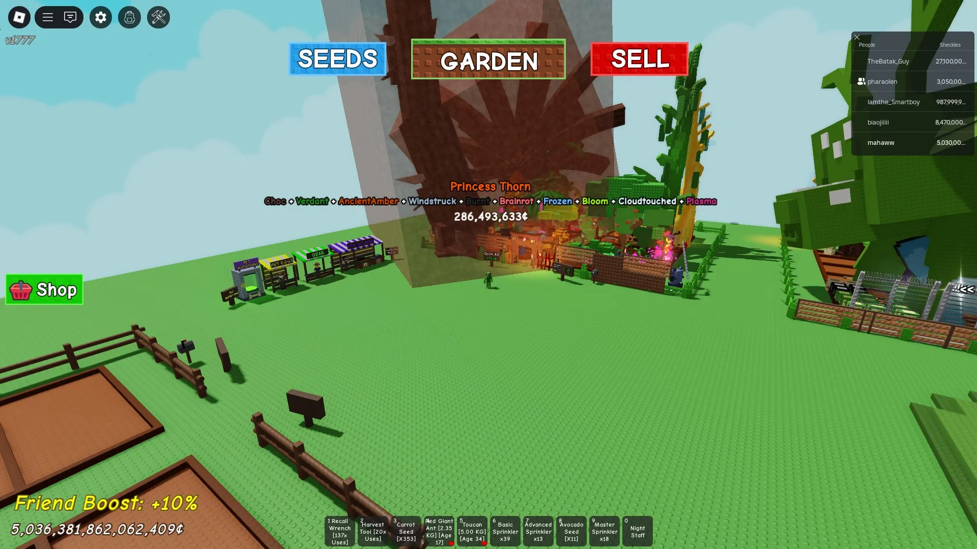 RBL3054 Princess Thorn Many Mutations, Burning Bud Garden, Huge Friend Boost, Carrot Seed x3331, Red Giant Ant, Toucan, Advanced & Master Sprinklers (G)