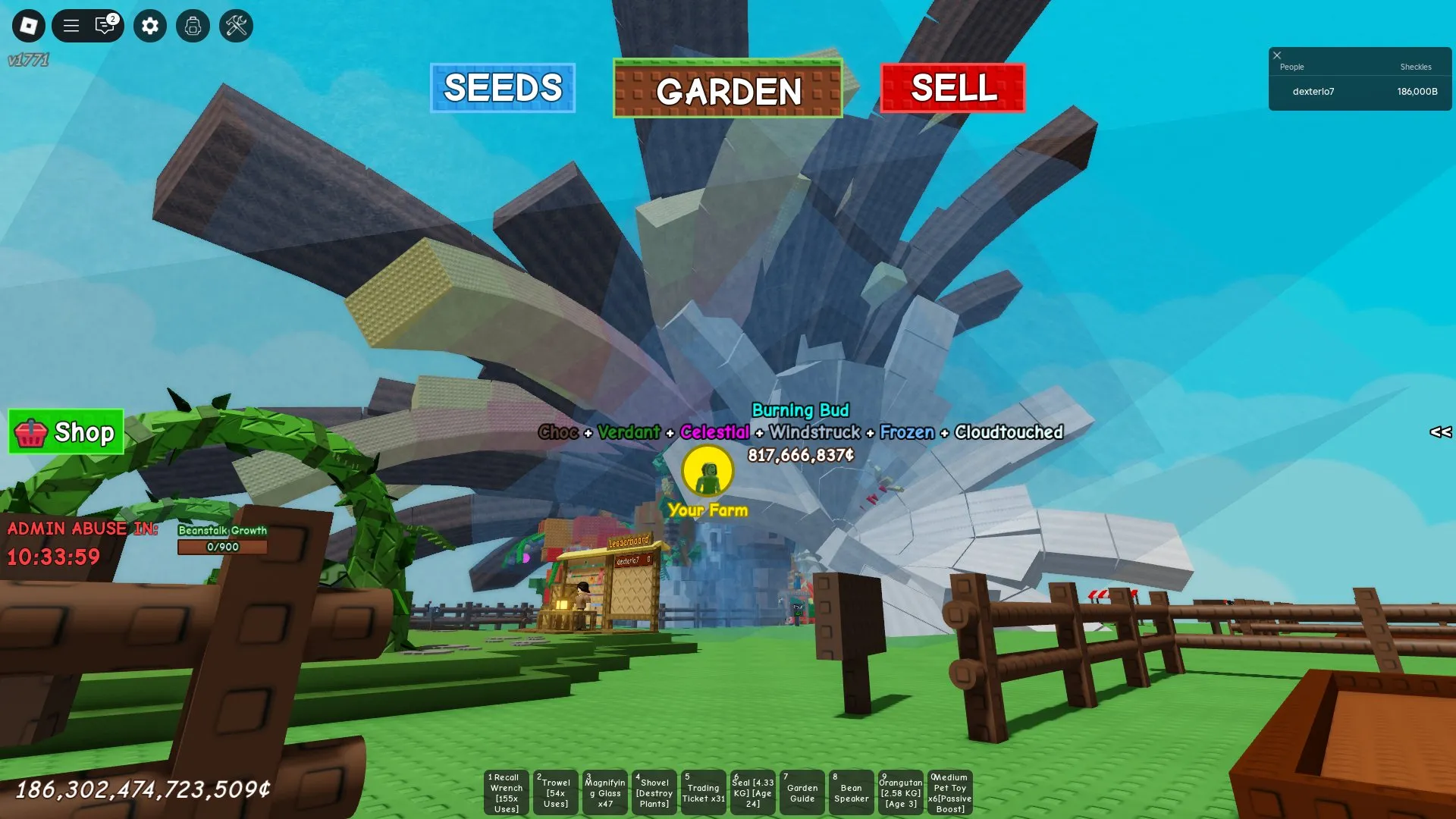 RBL3056 Burning Bud Celestial Garden, Huge Enchants Tree, 186B Sheckles, Seal and Orangutan Pets, Trading Tickets and Strong Tool Setup (G)