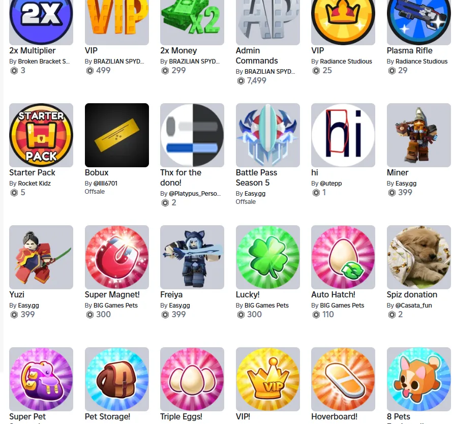 RBL3074 2x Multiplier VIP 2x Money Admin Commands Plasma Rifle Starter Pack Bobux Battle Pass Season 5 Freiya Super Pet Hoverboard 8 Pets (G)