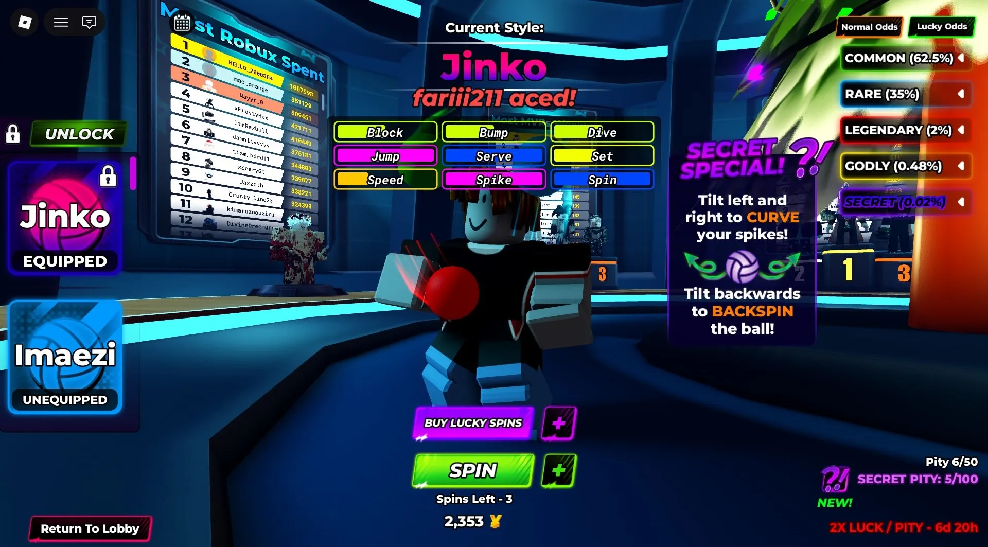 RBL3103 Jinko Style Volleyball Legends Account with Zero Gravity Set and 2,353 Spins Currency (G)