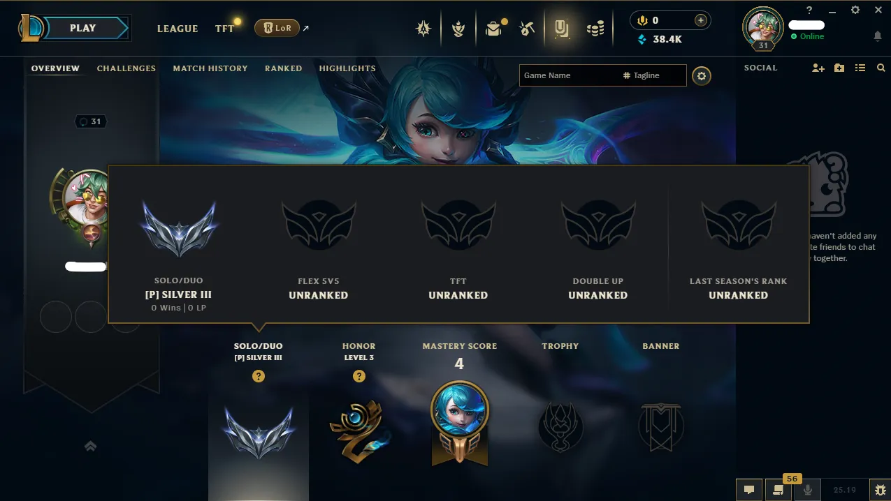 【 EUW 】∙ Silver III ♦️ Placements ♦️ 38K BE ⚡ Max LP Gain ☑️Unverified Mail☑️Honor Level 4🚚 Instant Delivery