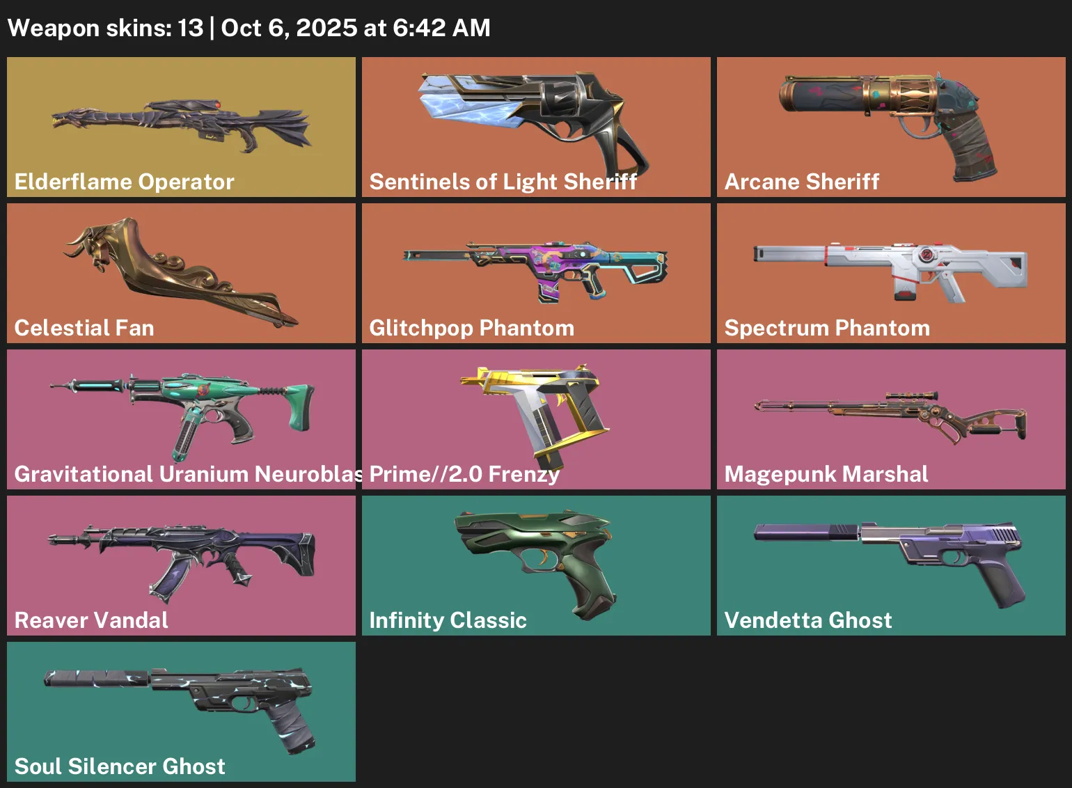 ASIA/SEA/OCE | 13 Skins + 1 Knife | Arcane Sheriff | Celestial Fan | Reaver Vandal | Glitchpop Phantom | Spectrum Phantom | Elderflame Operator