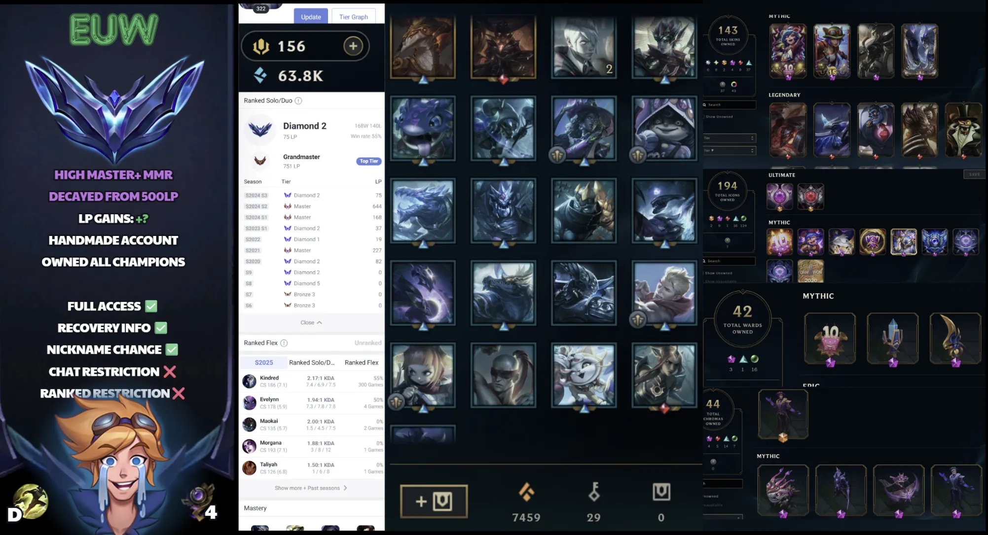 🌍 EUW 🔒 Handlevel ⚡ Diamond II (75 LP)✨ WR:55% 🔥 Grandmaster 751LP Peak ♾️ Lifetime Ownership 📧 Full Email Access ✅ Full Ownership Transfer #SBL-13U