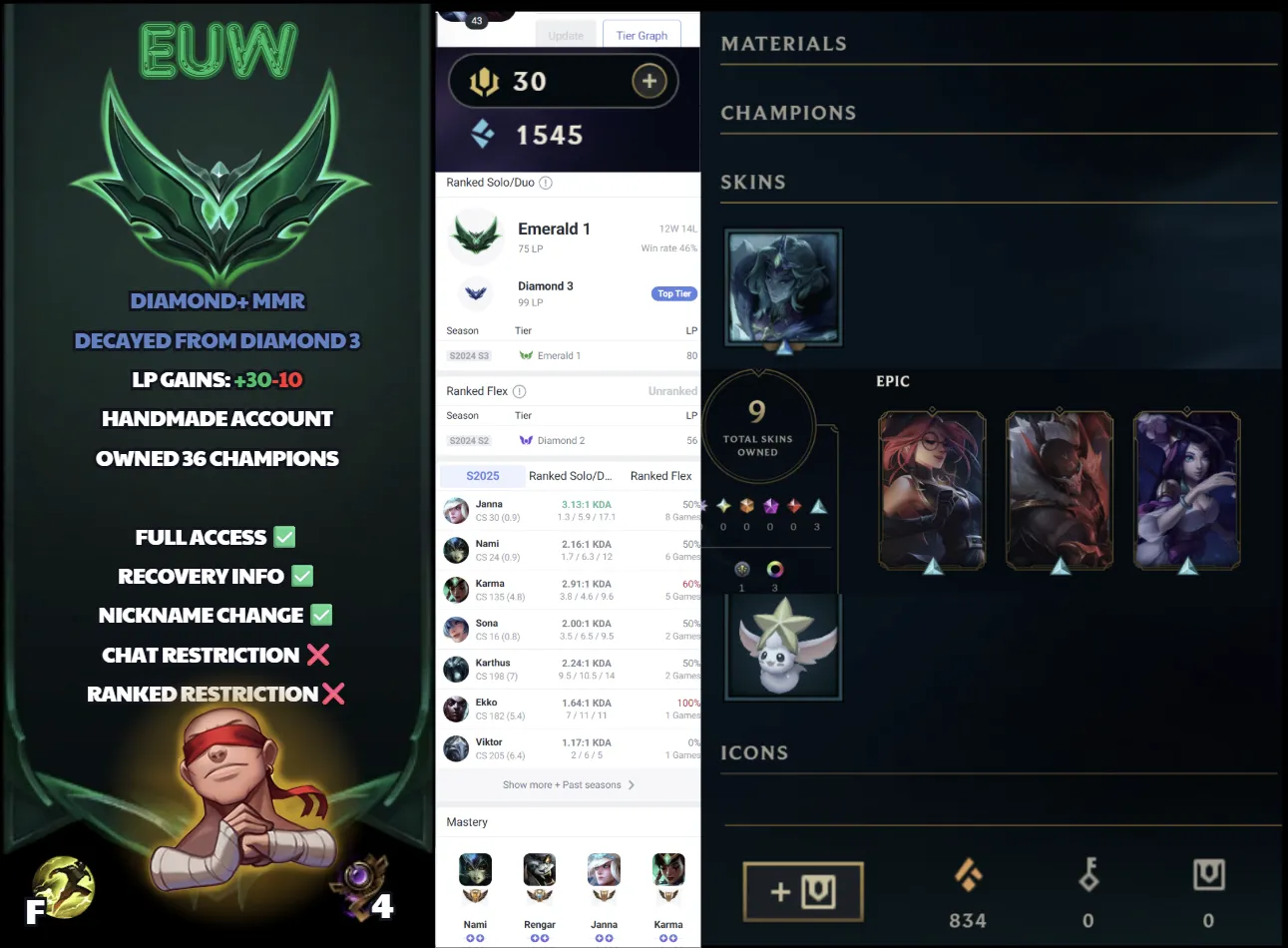 🌍 EUW 🔒 Handlevel ⚡ Emerald I (75 LP)✨ Decay from Diamond 3 🔥 +30LP Gains ♾️ Lifetime Ownership 📧 Full Email Access ✅ Full Ownership Transfer #SBL-2Q8