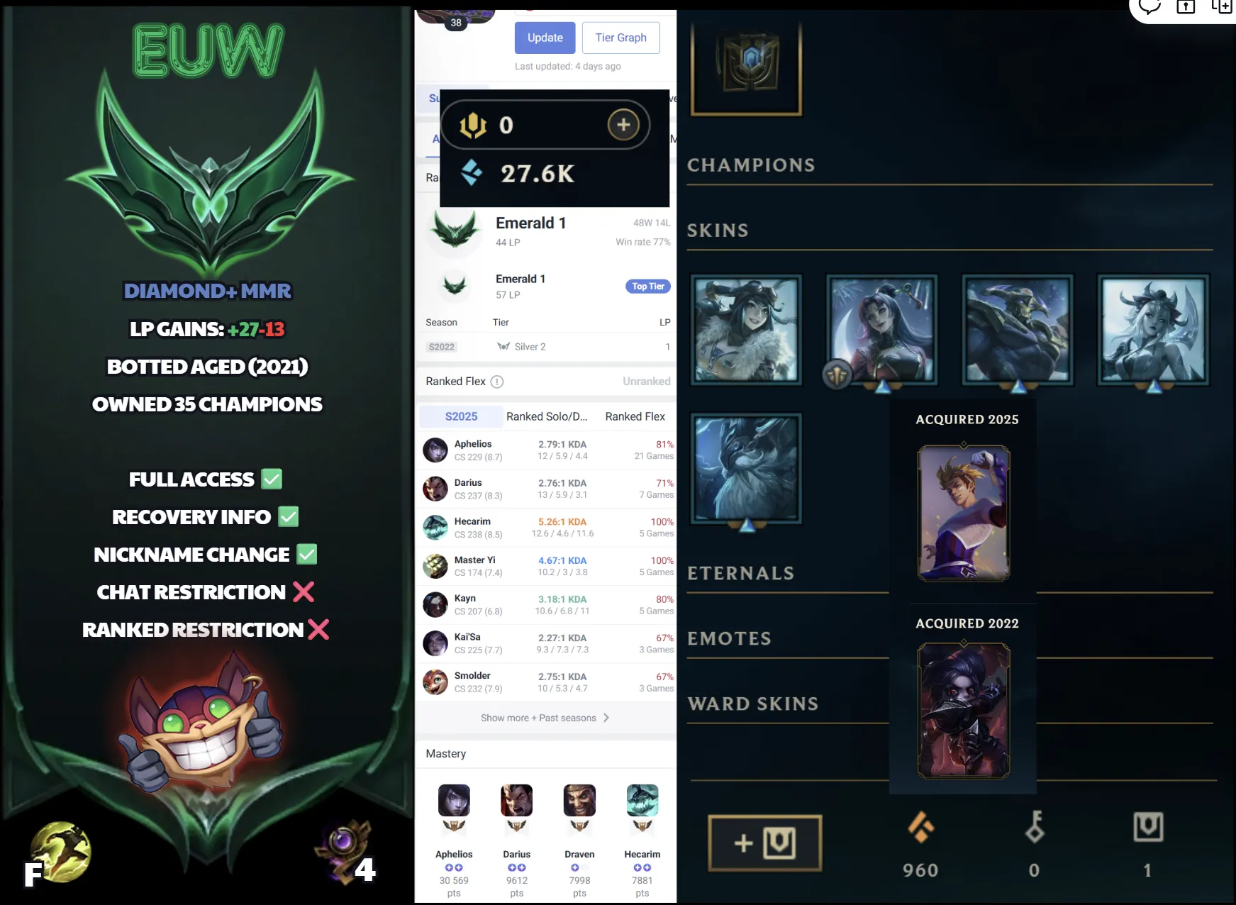 🌍 EUW ⚡ Emerald I (44 LP)✨ WR:77% 🔥 ADD ♾️ Lifetime Ownership 📧 Full Email Access ✅ Full Ownership Transfer #SBL-5AU