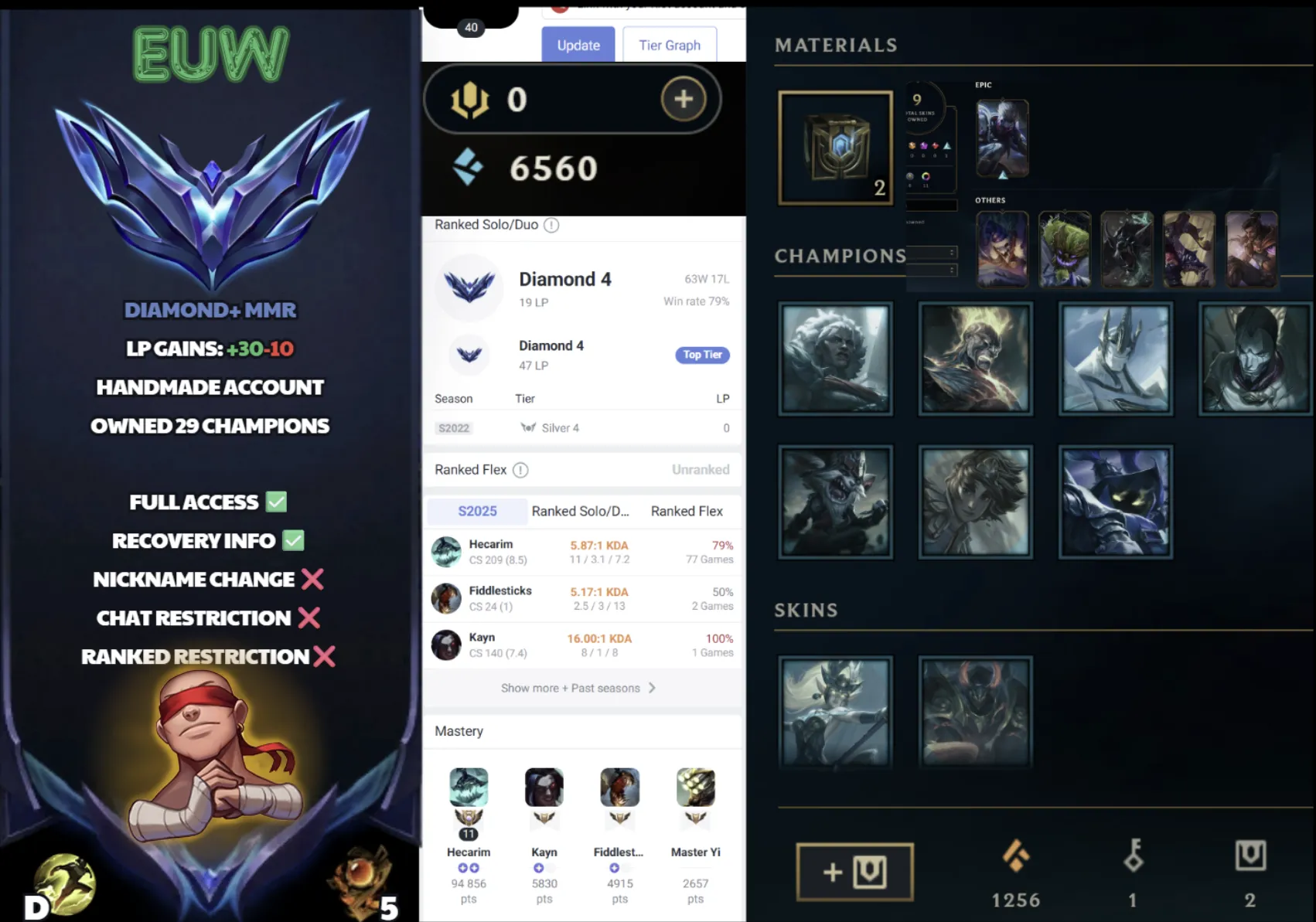 🌍 EUW 🔒 Handlevel ⚡ Diamond IV (19 LP)✨ WR:79% 🔥 +30LP Gains & 9 Skins + Loot ♾️ Lifetime Ownership 📧 Full Email Access ✅ Full Ownership Transfer #SBL-C78