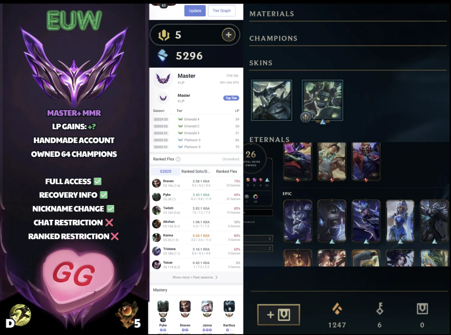 🌍 EUW 🔒 Handlevel ⚡ Master I (4 LP)✨ WR:65% 🔥 64Champs - 26Skins ♾️ Lifetime Ownership 📧 Full Email Access ✅ Full Ownership Transfer #SBL-DW2