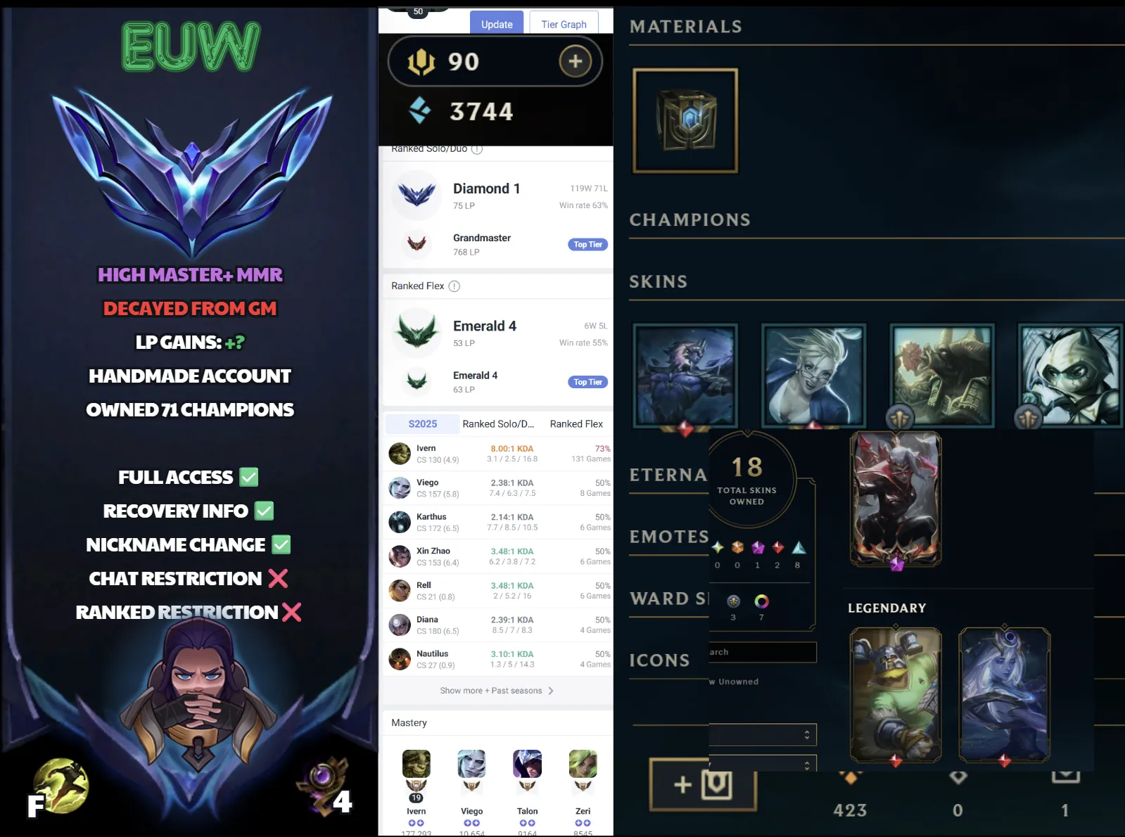 🌍 EUW 🔒 Handlevel ⚡ Diamond I (75 LP)✨ WR:63% 🔥 768LP Grandmaster Decay ♾️ Lifetime Ownership 📧 Full Email Access ✅ Full Ownership Transfer #SBL-HZ5