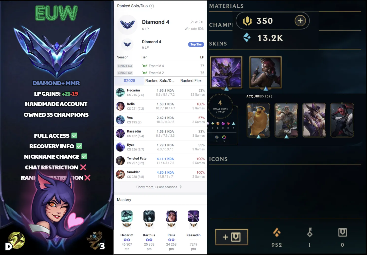 🌍 EUW 🔒 Handlevel ⚡ Diamond IV (6 LP)✨ WR:55% 🔥 35 Champs + 4 Skins + 350RP ♾️ Lifetime Ownership 📧 Full Email Access ✅ Full Ownership Transfer #SBL-KL8
