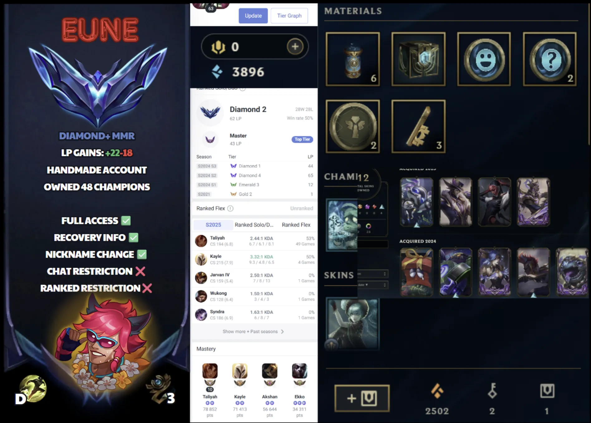 🌍 EUNE 🔒 Handlevel ⚡ Diamond II (62 LP)✨ WR:50% 🔥 Master Peak ♾️ Lifetime Ownership 📧 Full Email Access ✅ Full Ownership Transfer #SBL-KZ9
