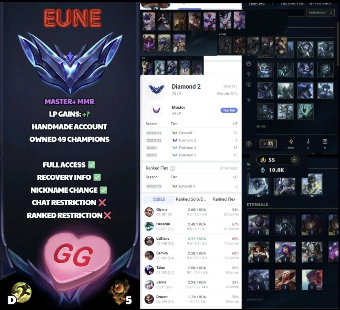 🌍 EUNE 🔒 Handlevel ⚡ Diamond II (75 LP)✨ WR:57% 🔥 22 Skins & 49 Champions ♾️ Lifetime Ownership 📧 Full Email Access ✅ Full Ownership Transfer #SBL-YT9
