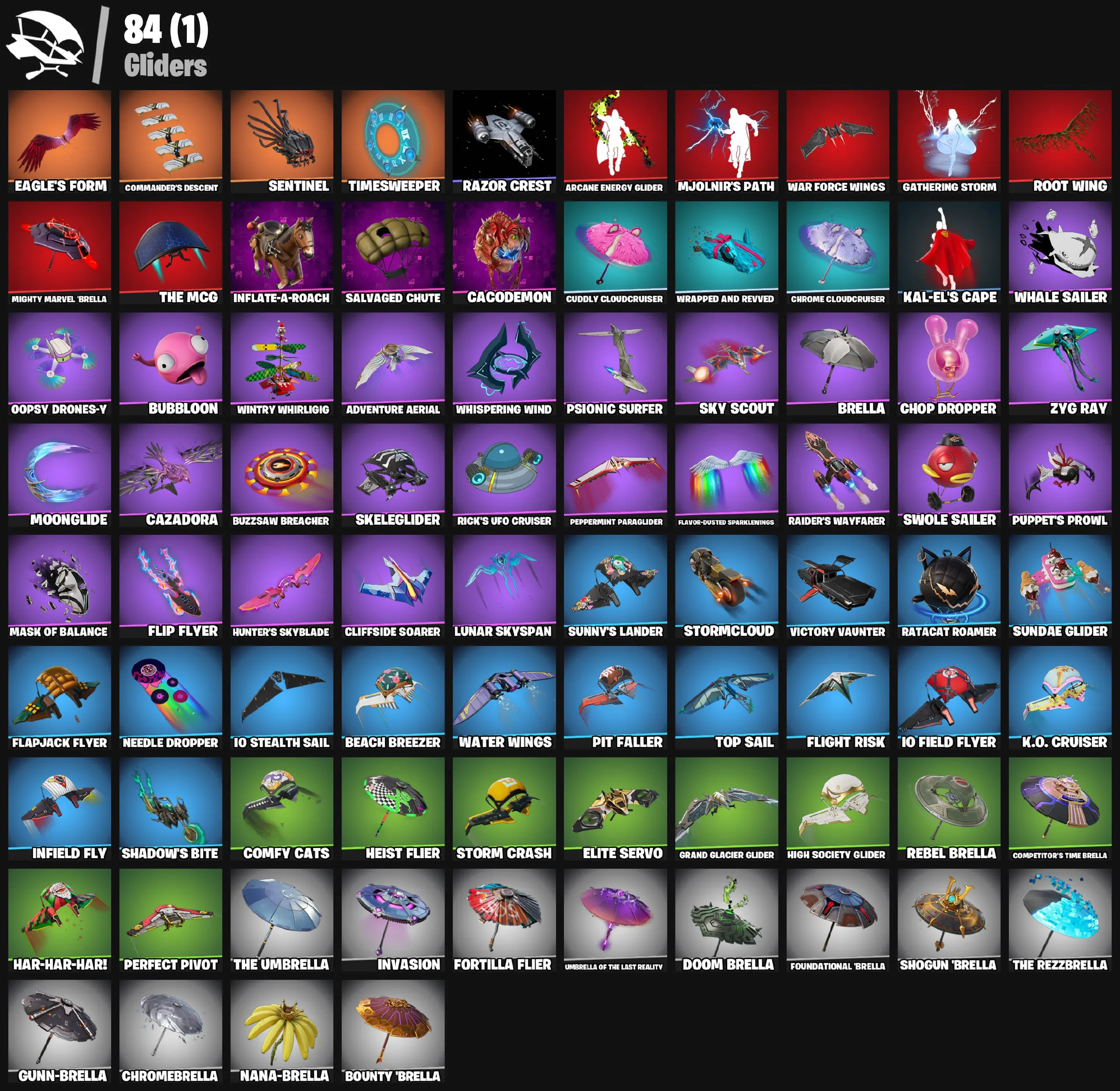 F1186 85 Skins: Snake Eyes, Peter Griffin, Son Gohan, The Ageless, Optimus Prime, Predator, Spectra Knight, exclusive backblings, 126 backpacks, 84 gliders, 97 pickaxes, 76 emotes 